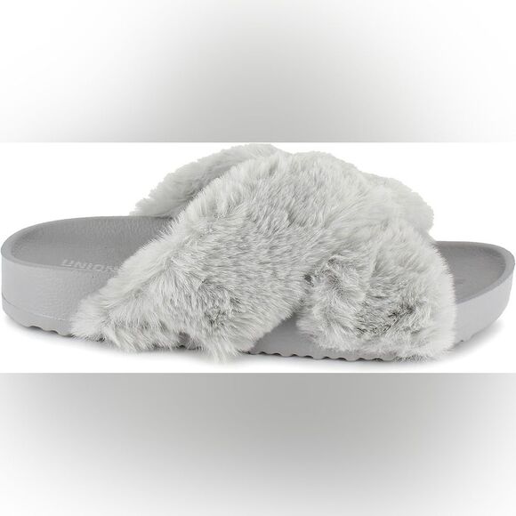 UNIONBAY Women's Luxe Faux Fur Slipper Slides Sandals Grey Size 8 NWT Cozy Soft - Picture 2 of 6